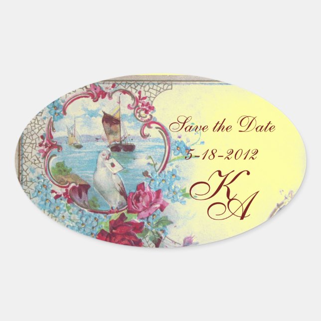 Pegatina Ovalada ROMANTICA MONOGRAM,Save the Date, Amarillo (Anverso)