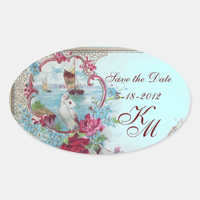 Pegatina Ovalada ROMANTICA MONOGRAM,Save the Date, Blue (Anverso)