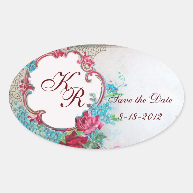 Pegatina Ovalada ROMANTICA MONOGRAM,Save the Date,corazón blanco (Anverso)