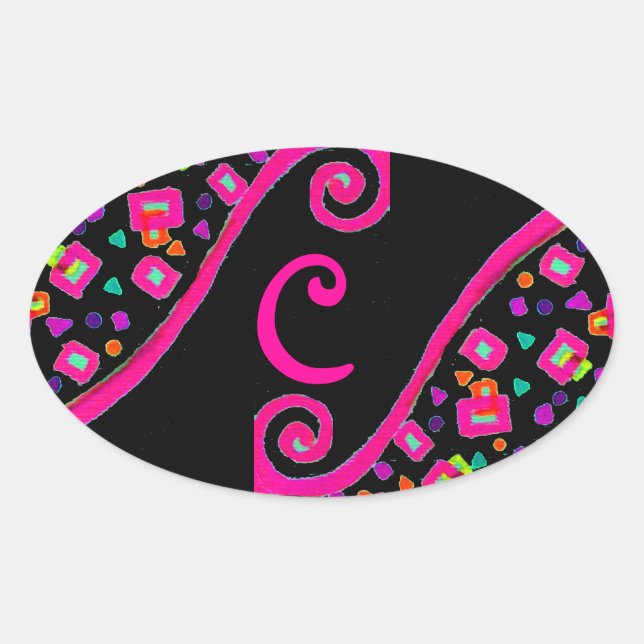 PEGATINA OVALADA ROSA FUCHSIA BLACK ABSTRACT DECO MONOGRAM (Anverso)