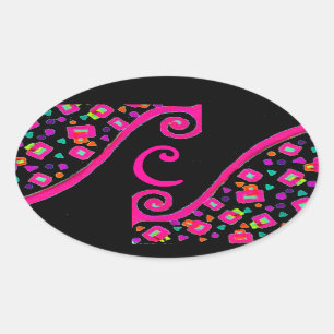 PEGATINA OVALADA ROSA FUCHSIA BLACK ABSTRACT DECO MONOGRAM