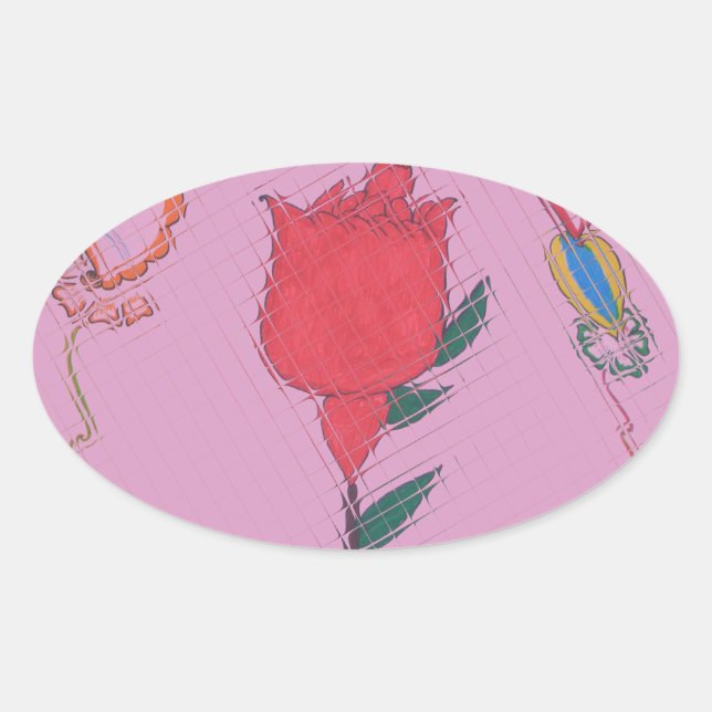 Pegatina Ovalada Rosa roja sobre rosa: imagen de borde floral/gráfi (Anverso)