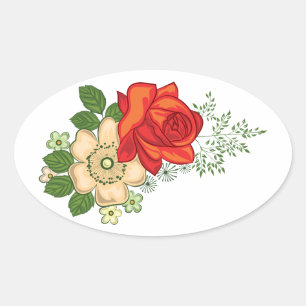 Pegatina Ovalada Rosa Roja y Margaritas