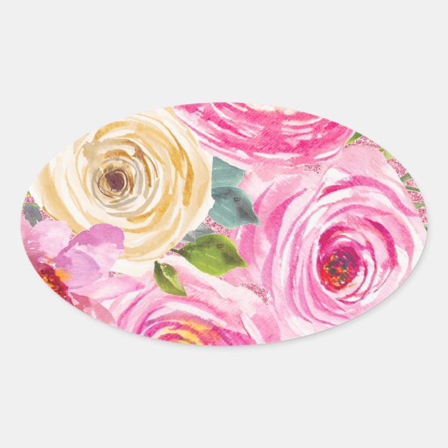 Pegatina Ovalada Rosas acuarelas en Purpurina rosa y crema rosada (Anverso)