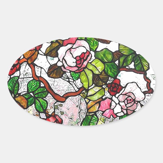 Pegatina Ovalada Rosas de escalada - vidrio manchado (Anverso)