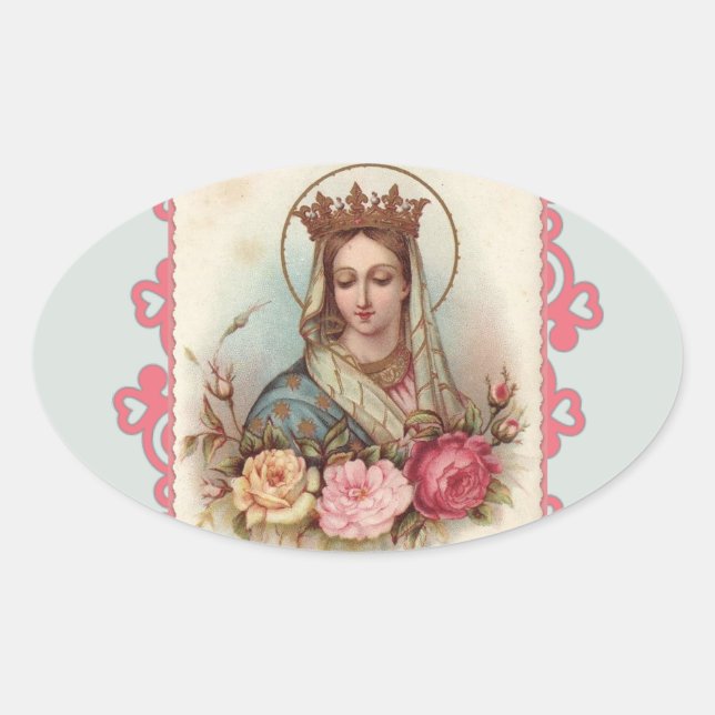 Pegatina Ovalada Rosas de la Reina Bendita Madre Virgen María (Anverso)