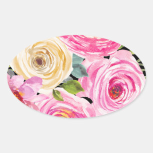 Pegatina Ovalada Rosas en acuarela en rosa y crema sobre negro