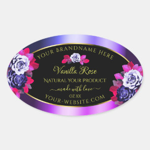 Pegatina Ovalada Rosas Floral Blue Etiquetas rosadas púrpuras negra