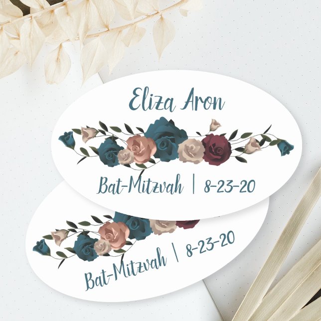 Pegatina Ovalada Rosas verde azulados de Borgoña Bat Mitzvah Favor  (oval bat mitzvah party favor stickers, personalized envelope seals, teal burgundy beige botanical)