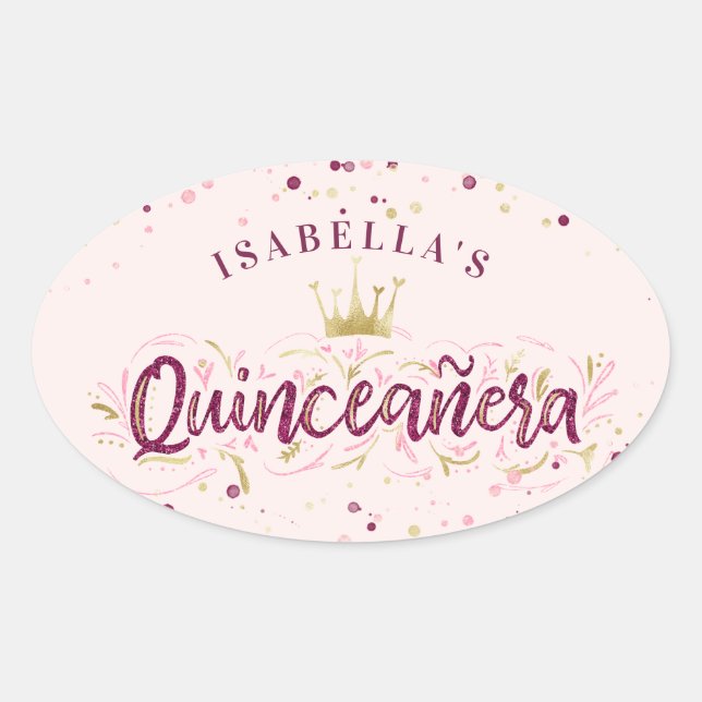 Pegatina Ovalada Rubor Burgundy y el Confetti de oro Quinceañera (Anverso)