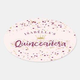 Pegatina Ovalada Rubor Burgundy y el Confetti de oro Quinceañera