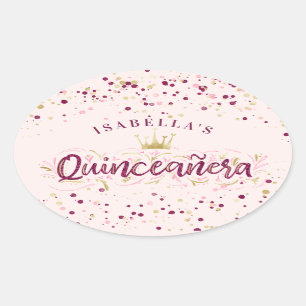Pegatina Ovalada Rubor Burgundy y el Confetti de oro Quinceañera