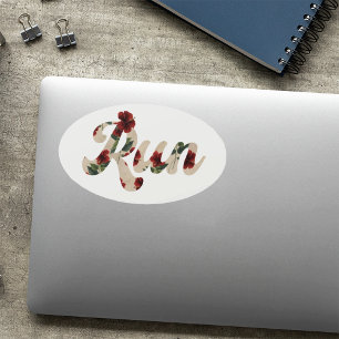 Pegatina Ovalada RUN Retro Tipo Vintage Rústico Patrón Hibiscus