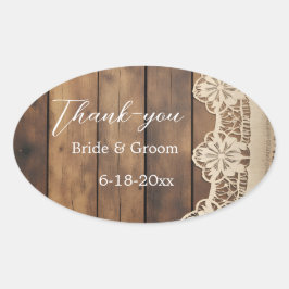 Pegatina Ovalada Rustic Wood and Lace Wedding Thank-you Sticker