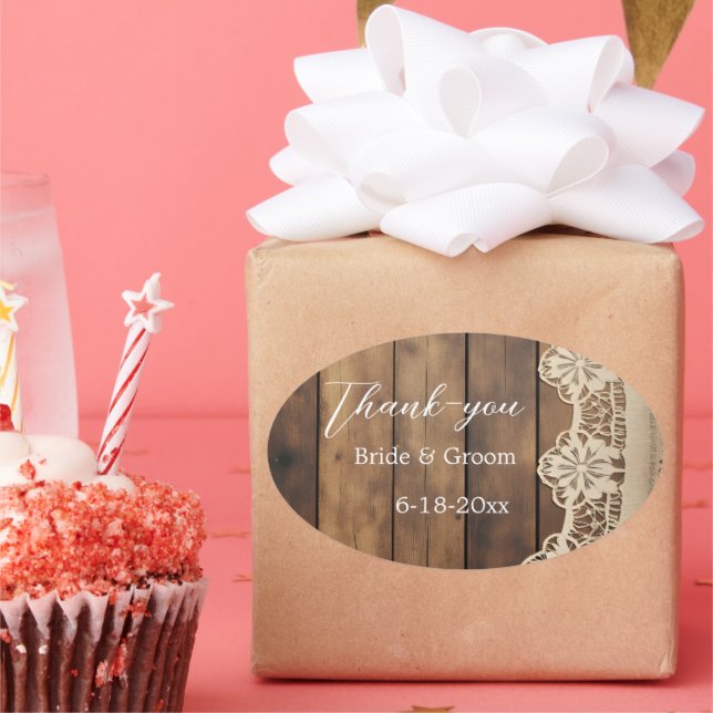 Pegatina Ovalada Rustic Wood and Lace Wedding Thank-you Sticker (Fiesta)
