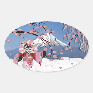 Pegatina Ovalada Sakura Geisha Pájaro en la Nieve Flor de Cerezo