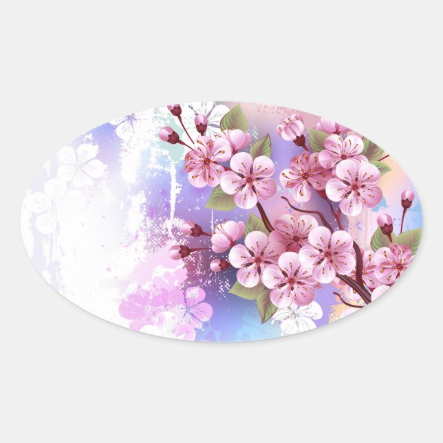 Pegatina Ovalada Sakura rosa sobre fondo de pintura (Anverso)