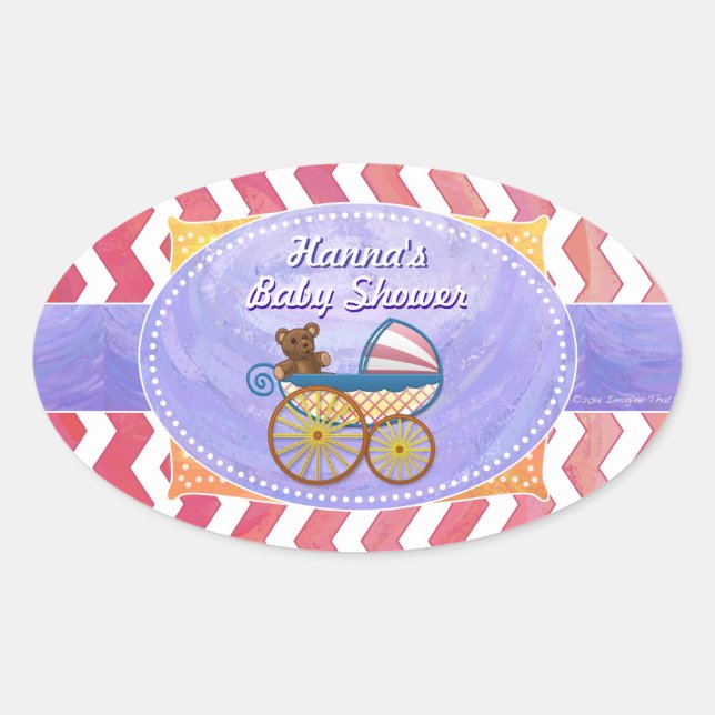 Pegatina Ovalada Salmon Swirl Pink Chevron Baby Shower (Anverso)