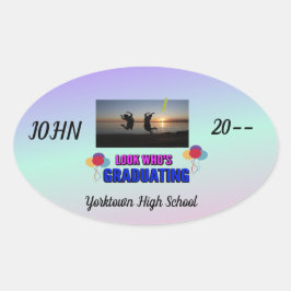 Pegatina Ovalada Salto para alegría Graduado Azul morado rosado