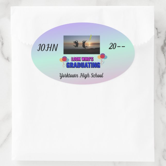 Pegatina Ovalada Salto para alegría Graduado Azul morado rosado (Bolso)