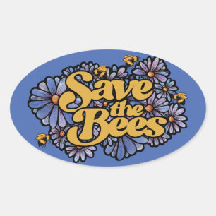 Pegatina Ovalada Salven a las abejas morado Daisy Flor Art Abeja Am