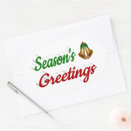 Pegatina Ovalada Seasons Greetings Bells Navidades guion rojo verde