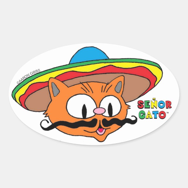 Pegatina Ovalada Senor Gato Personalizado Mustache Cat (Anverso)