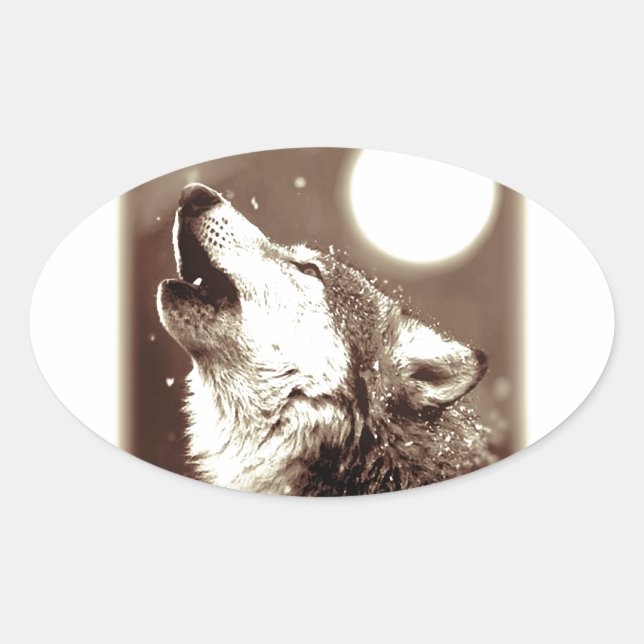 Pegatina Ovalada Sepia Wolf & Moon (Anverso)