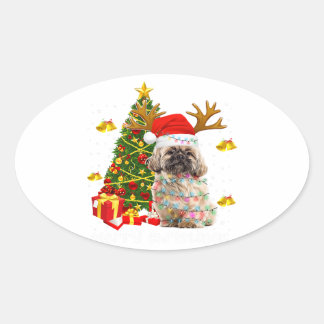 Pegatina Ovalada Shih Tzu Christmas Lights Tree | Santa Xmas
