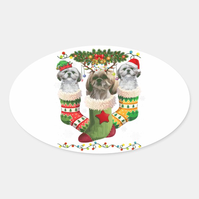 Pegatina Ovalada Shih Tzu Christmas Socks Tree Light | Santa Hat (Anverso)