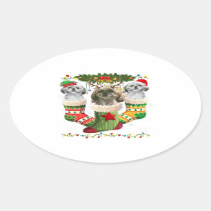 Pegatina Ovalada Shih Tzu Christmas Socks Tree Light   Santa Hat