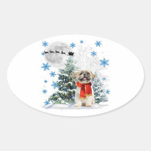 Pegatina Ovalada Shih Tzu Navidades árbol de navidad Graciosas Na