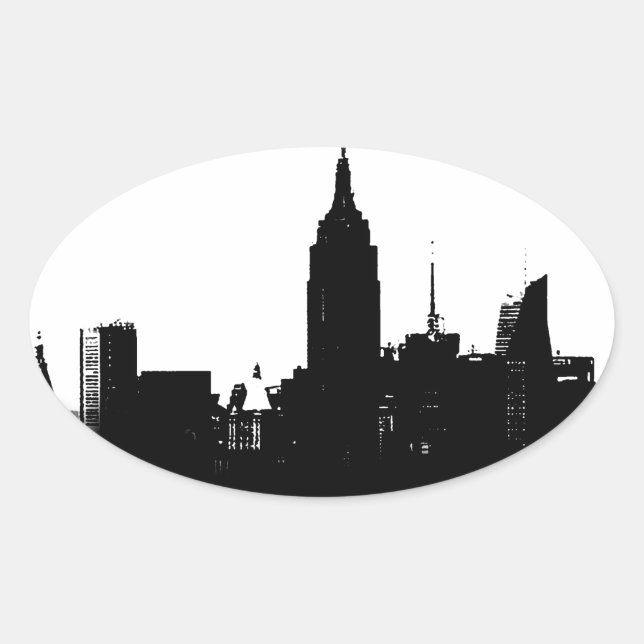Pegatina Ovalada Silhouette Black White New York (Anverso)
