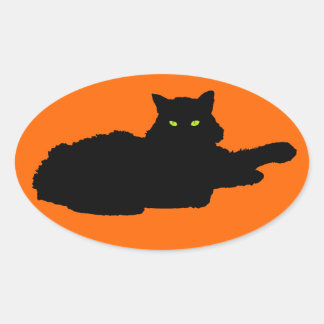 Pegatina Ovalada Silhouette de gato negro relajado en el Naranja