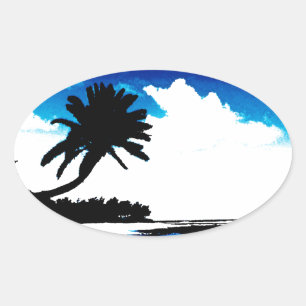 Pegatina Ovalada Silueta de árbol de palmera blanco azul