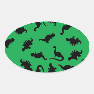 Pegatina Ovalada Siluetas de dinosaurios sobre fondo verde Patrón