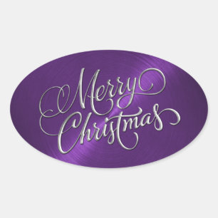 Pegatina Ovalada Silver Merry Christmas Purple Grabado en relieve L