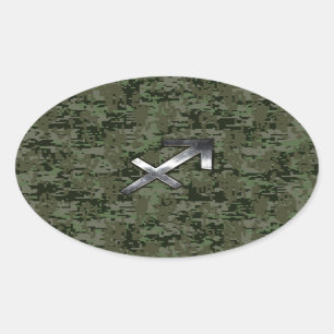 Pegatina Ovalada Silver Sagittarius Zodiac Woodland Camo Digital