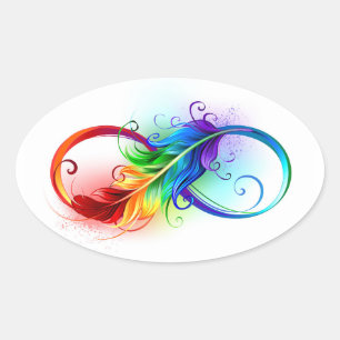 Pegatina Ovalada Símbolo infinito con plumas arcoiris