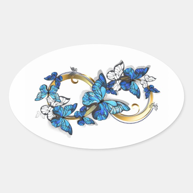 Pegatina Ovalada Símbolo infinito de mariposas Morpho azules (Anverso)
