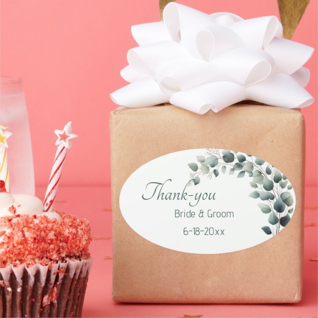 Pegatina Ovalada Simple Eucalyptus Wedding Thank-you Sticker (Fiesta)
