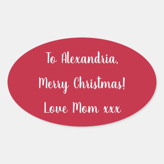 Pegatina Ovalada Simple Merry Christmas from Mom Red and White (Anverso)