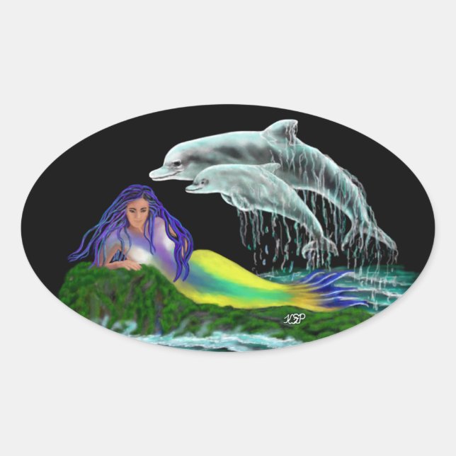 Pegatina Ovalada Sirena con delfines (Anverso)