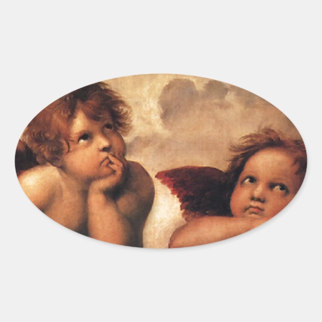Pegatina Ovalada Sistine Madonna 2 Angels por Raphael (Anverso)