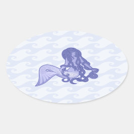 Pegatina Ovalada Sitting Mermaid Blue