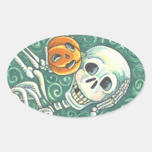 Pegatina Ovalada SKELETON Y JACK O LANTERN PEGATINAS, Oval DE HOJA