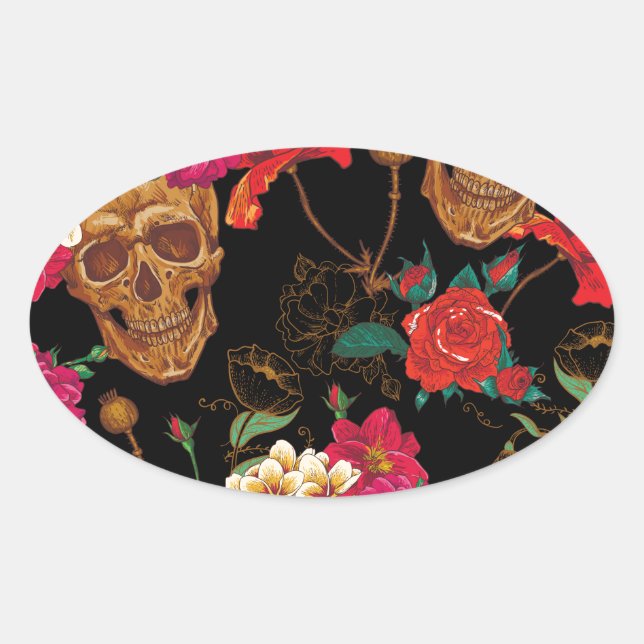 Pegatina Ovalada Skulls florales (Anverso)