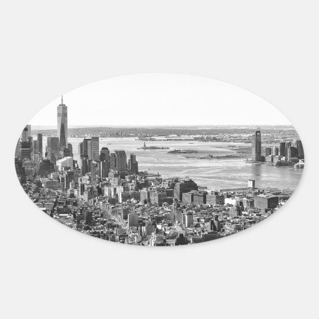 Pegatina Ovalada Skyline Black White New York (Anverso)