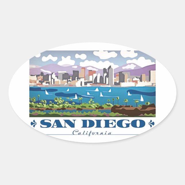 Pegatina Ovalada Skyline de San Diego (Anverso)