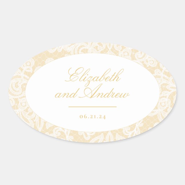 Pegatina Ovalada Sofisticada Boda Elegante de encaje dorado (Anverso)
